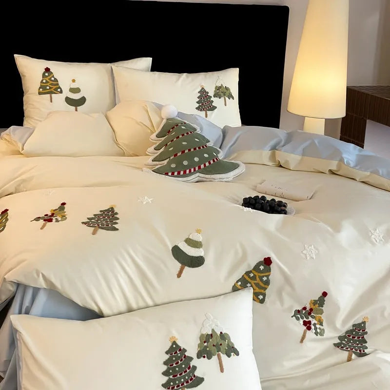 Pure cotton bedding set with Christmas tree embroidery showing duvet cover, sheet and pillowcases