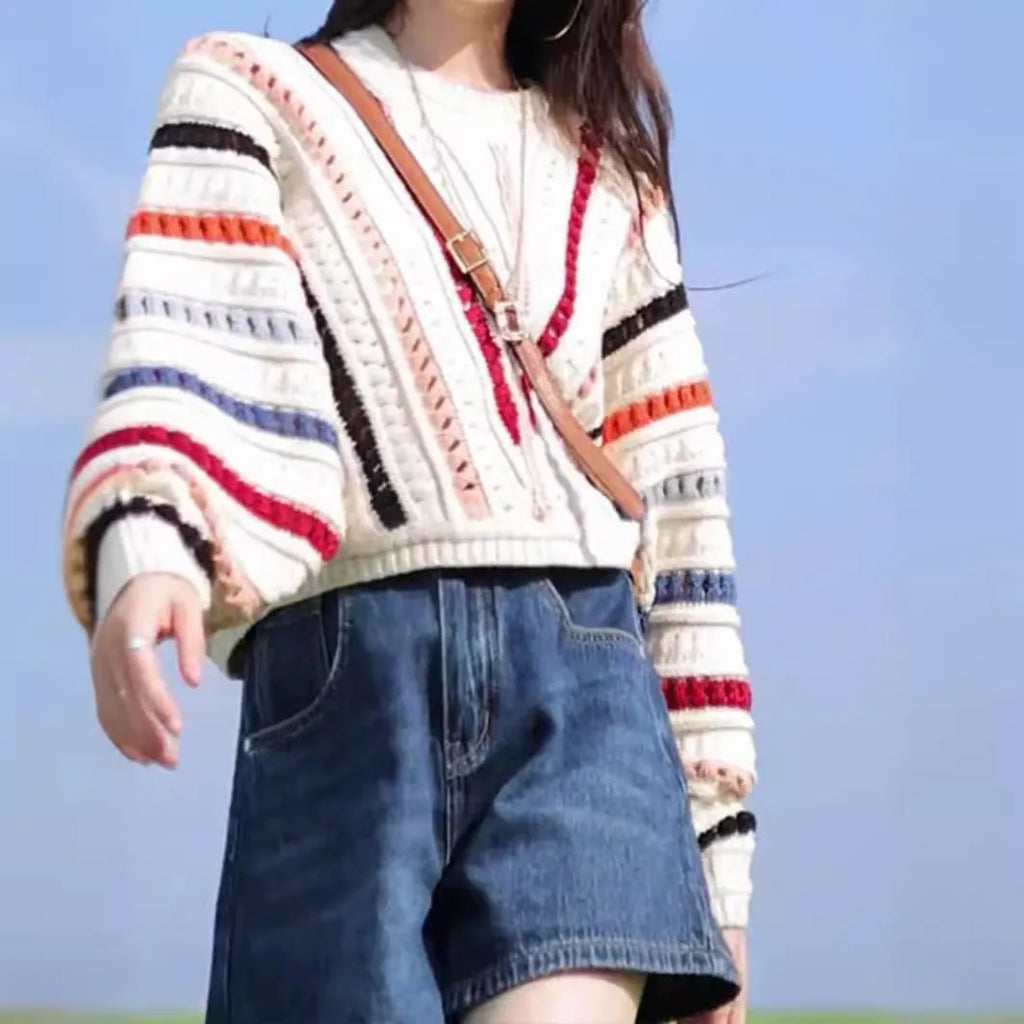 Women's retro rainbow striped sweater with batwing sleeves in loose fit casual style