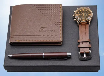 Creative holiday gift set with wallet, pen, and watch in black or brown modern simplicity styling