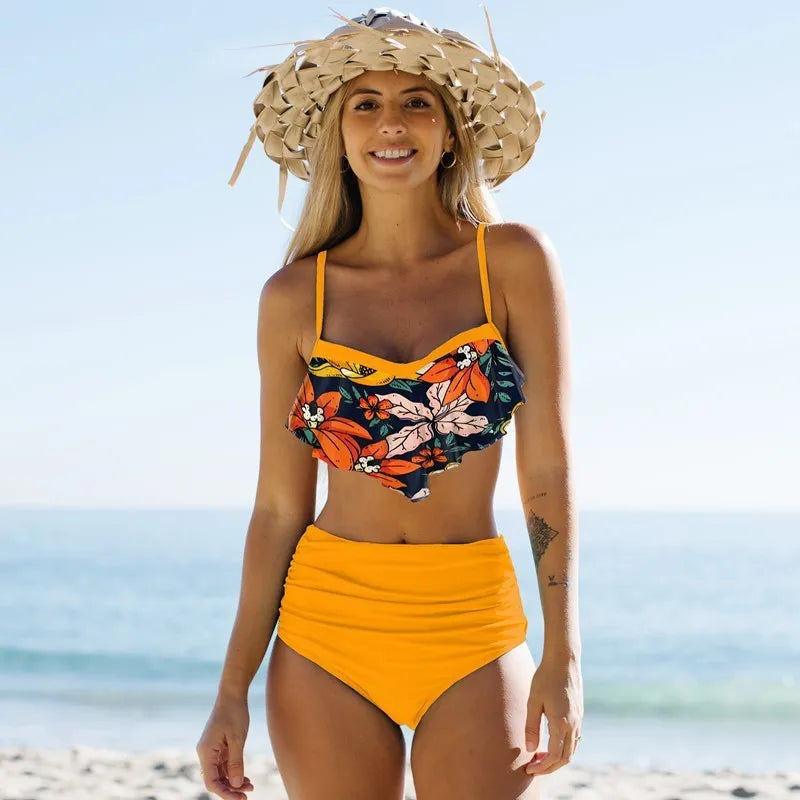 Women's blue split bikini pleated pants swimsuit with high waist briefs design