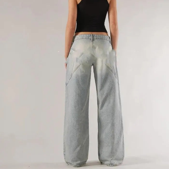 Women's blue cotton loose straight wide leg mop trousers with low waist design