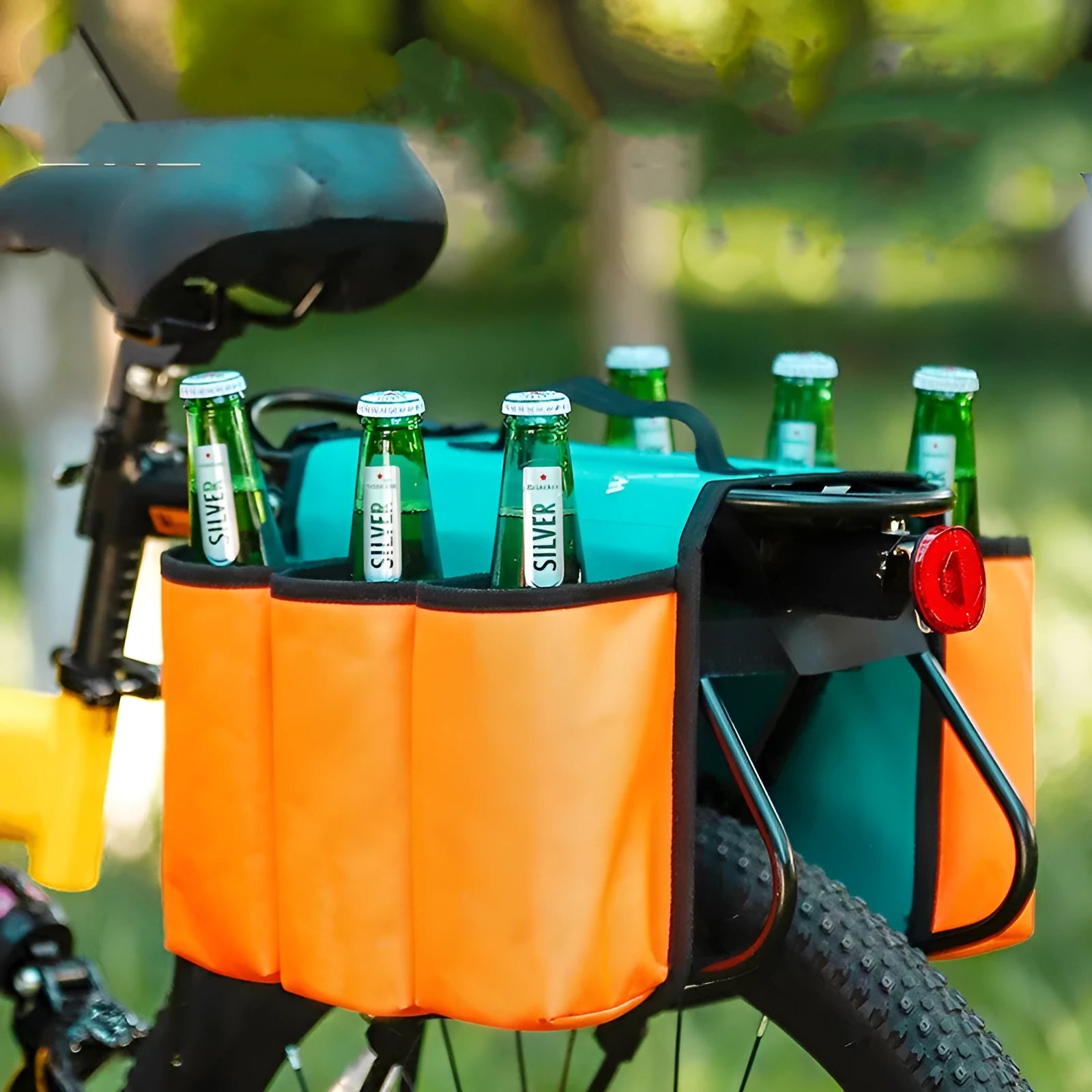 Bicycle handlebar-mounted drink holder bag in black with water bottle inserted