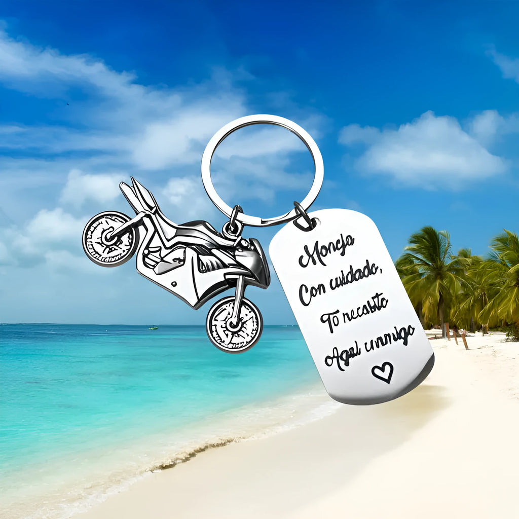 Stainless steel motorcycle keychain with engraving in a flannel bag