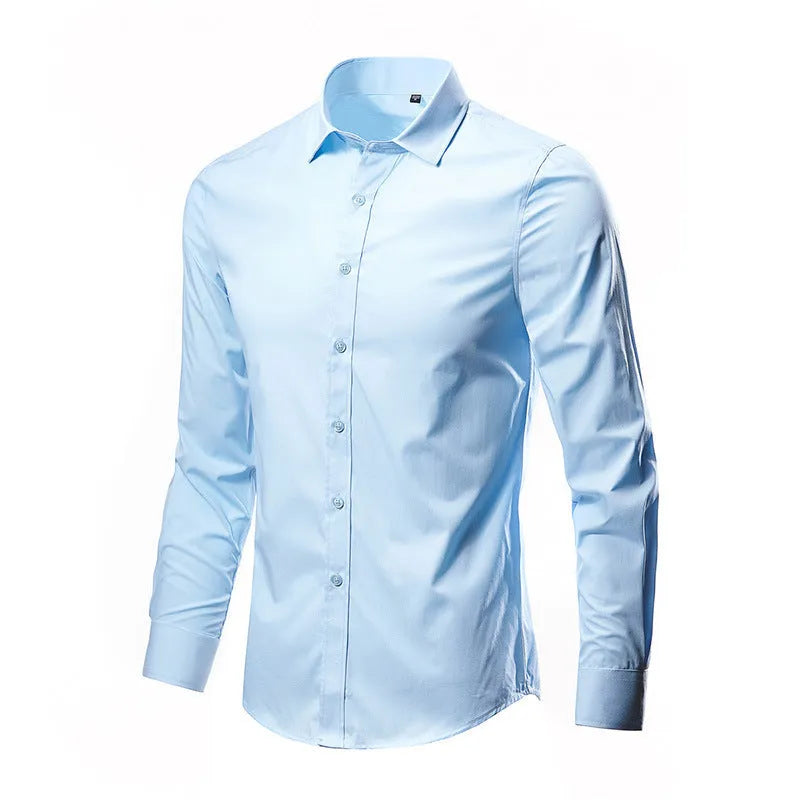 Long sleeve linen shirt in a loose fit, shown in a solid colour, with a button front and standard collar.