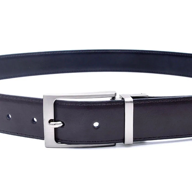 Men's brown and black genuine leather belt with rotating alloy pin buckle shown at 120cm length