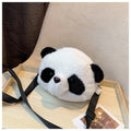 Soft plush panda head design crossbody bag shown in cylindrical shape.