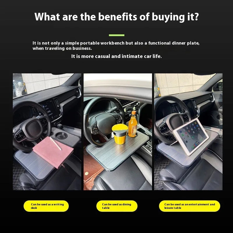 Foldable black car laptop stand with integrated drink holder placed on steering wheel
