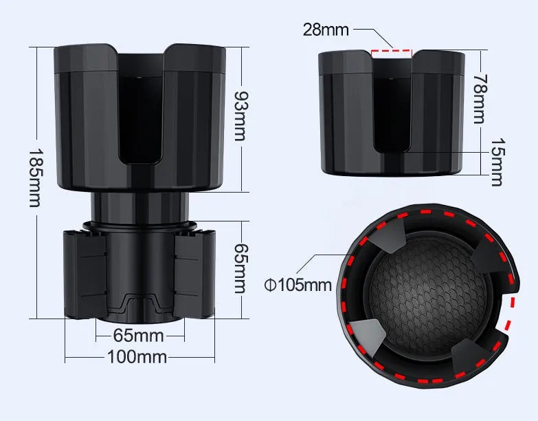 Matte black adjustable car cup holder expander for large bottles and cups on a car centre console.