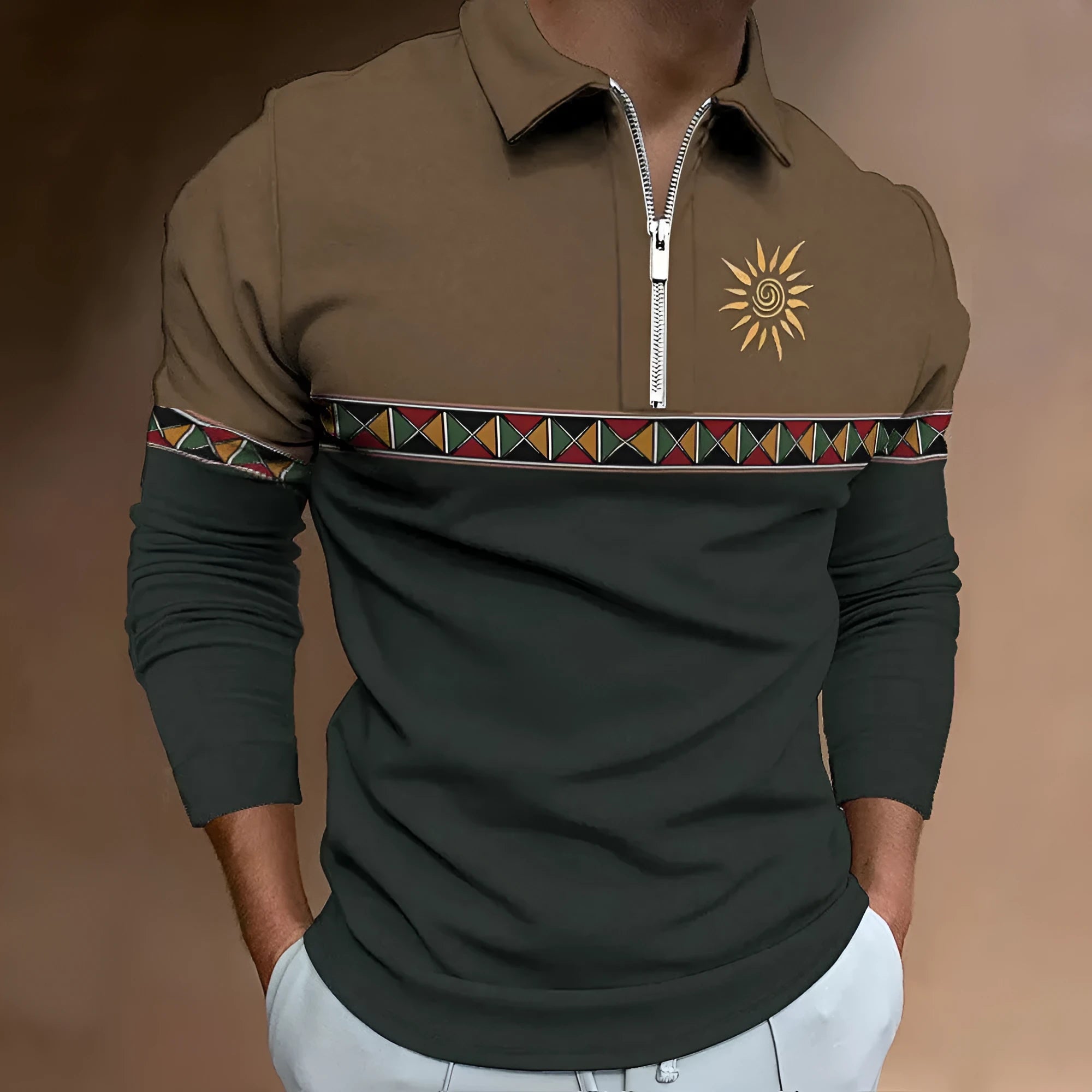 Men's loose fit long sleeve t-shirt with retro colour printing and stripes in golf top style