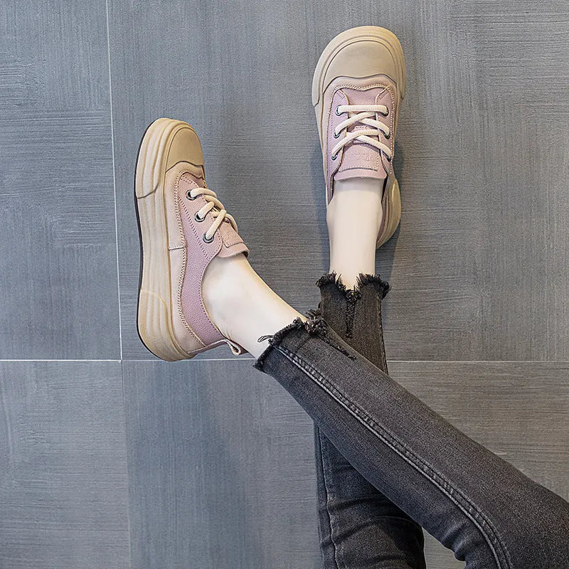 Women's genuine cowhide leather platform sneakers in matcha green, purple, and orange colours with lace-up front