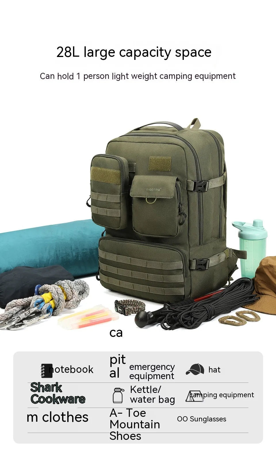 Army green 17-inch tactical nylon backpack with 20-35L capacity for outdoor use.