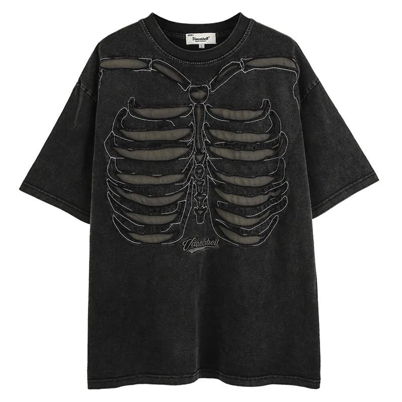 Black skull graphic short sleeve cotton T-shirt with drop shoulders on a hanger.