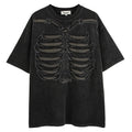 Black skull graphic short sleeve cotton T-shirt with drop shoulders on a hanger.