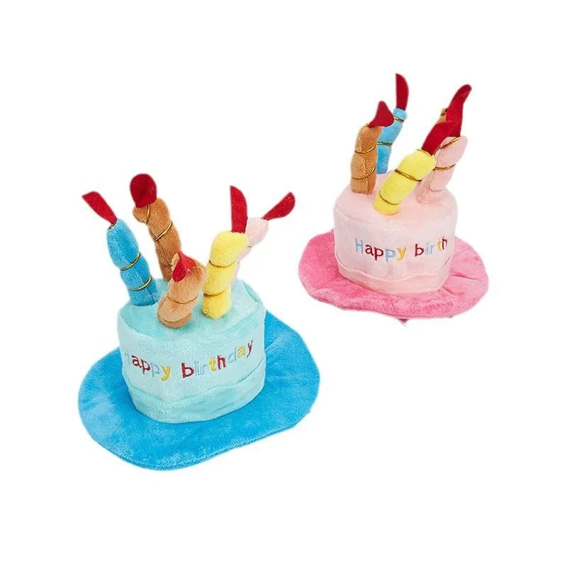Blue dog birthday hat with elastic strap and decorative ball top for small dog.