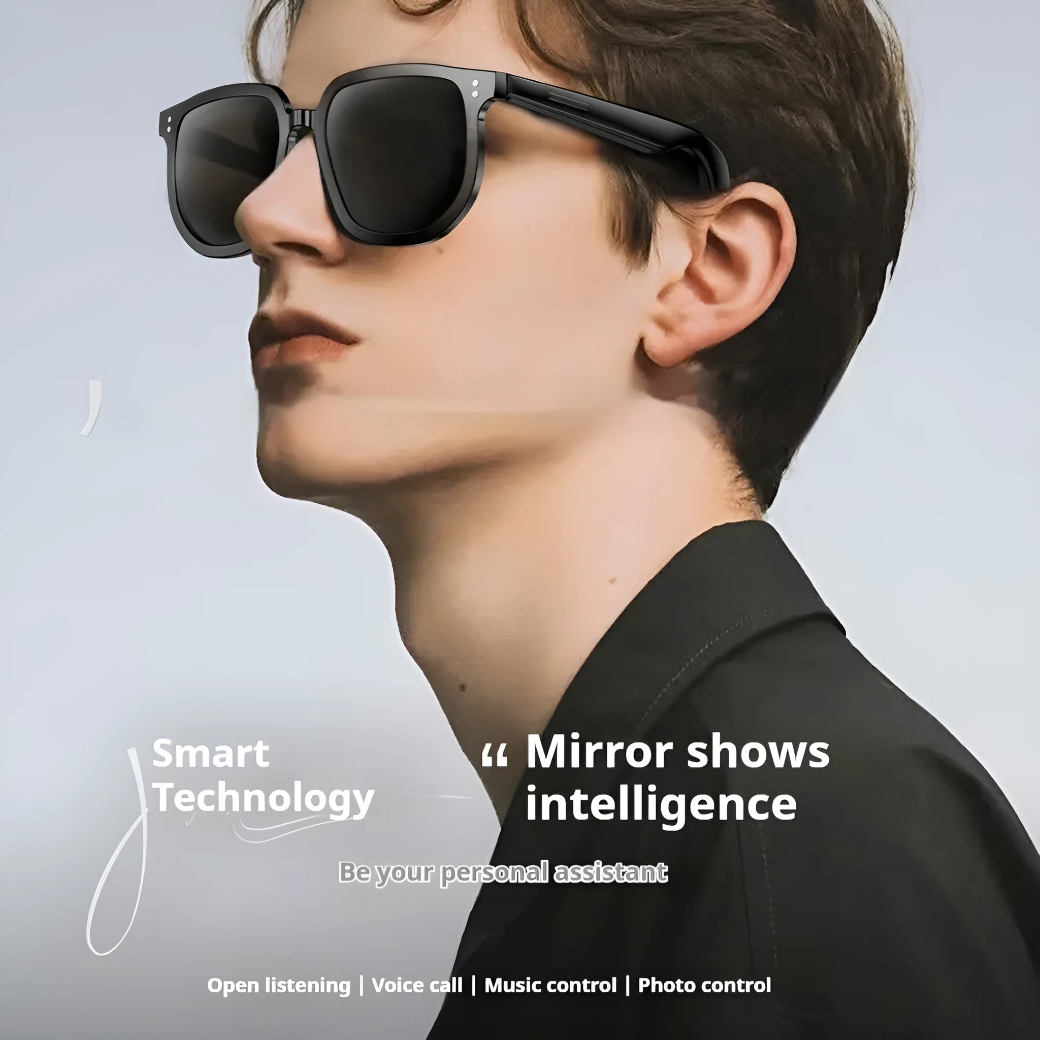 Black AI smart glasses with Bluetooth audio and touch controls featuring sunglass lenses