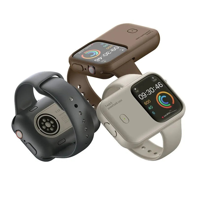 Portable Apple Watch charging case power bank with silicone sleeve in brown, blue, and starlight colours