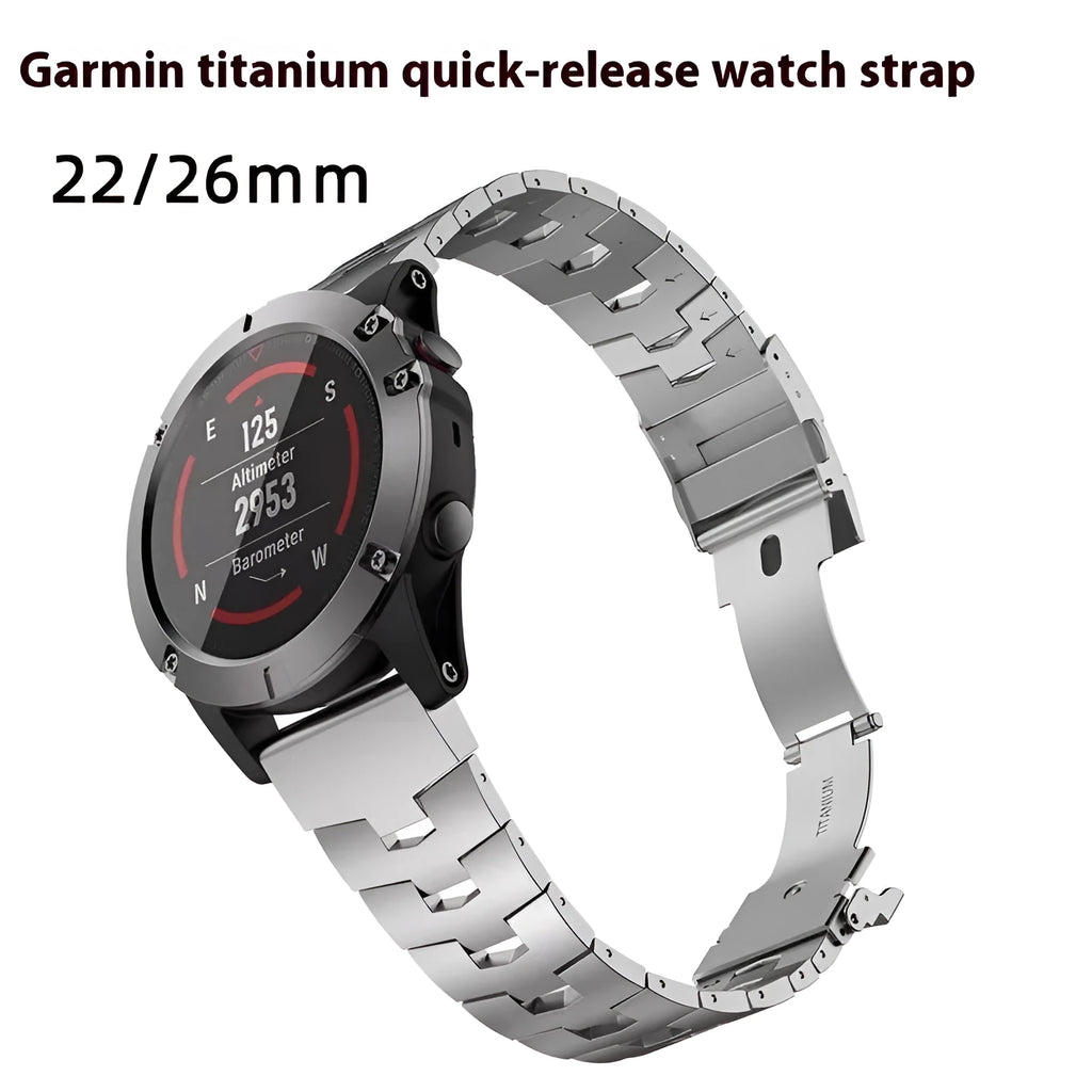 Garmin Fenix series replacement watch strap in black, silver, or titanium colour, showing 22mm and 26mm width options.