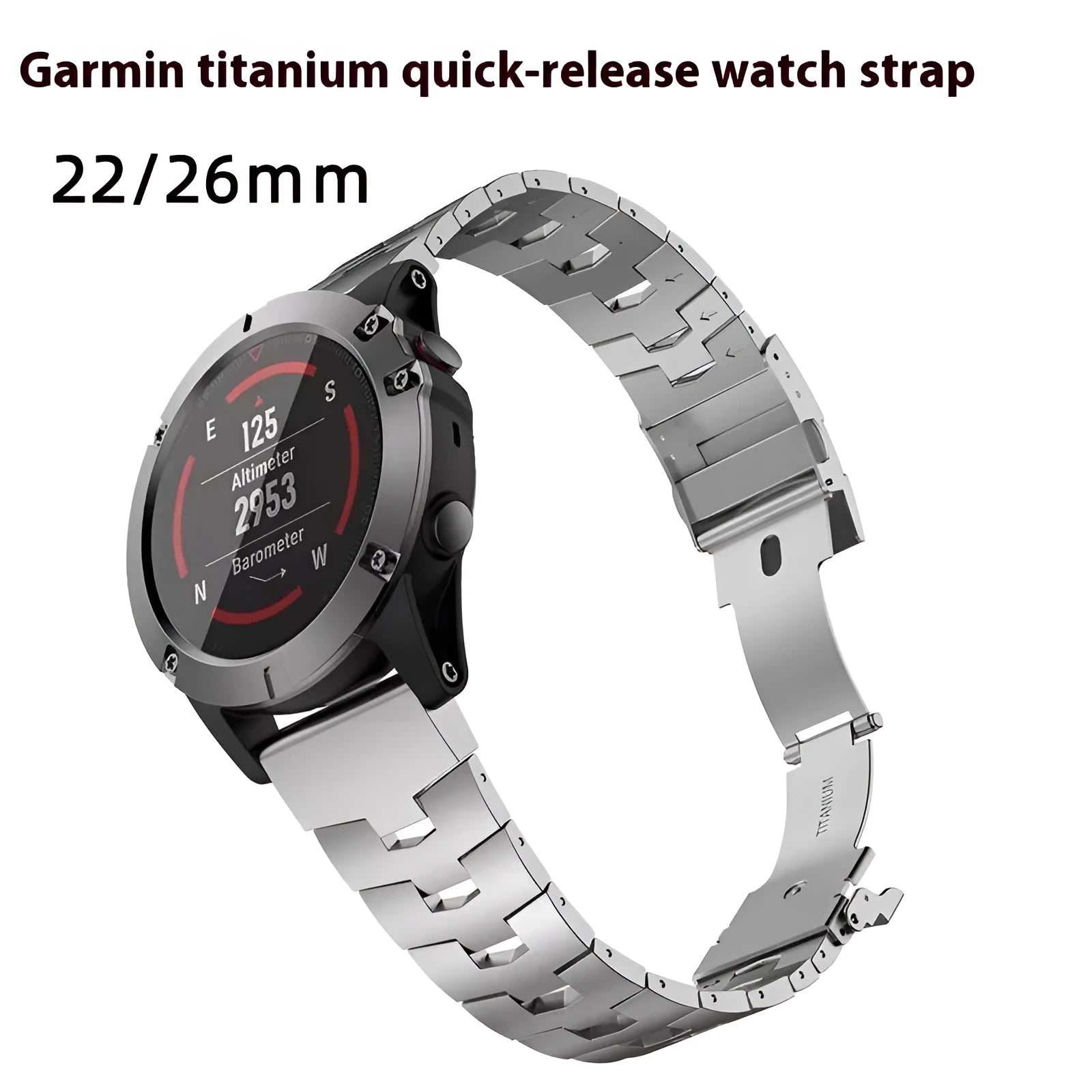 Garmin Fenix series replacement watch strap in black, silver, or titanium colour, showing 22mm and 26mm width options.