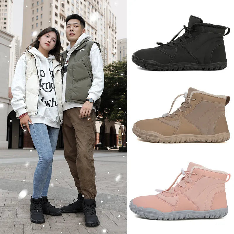 Waterproof unisex snow boots with lace-up front, fleece lining, and rubber sole in black, khaki, or pink.