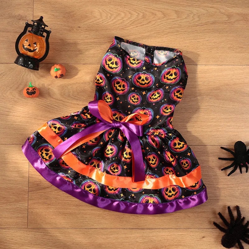 Double-layer Halloween dog skirt with colourful pumpkin print in size M on mannequin