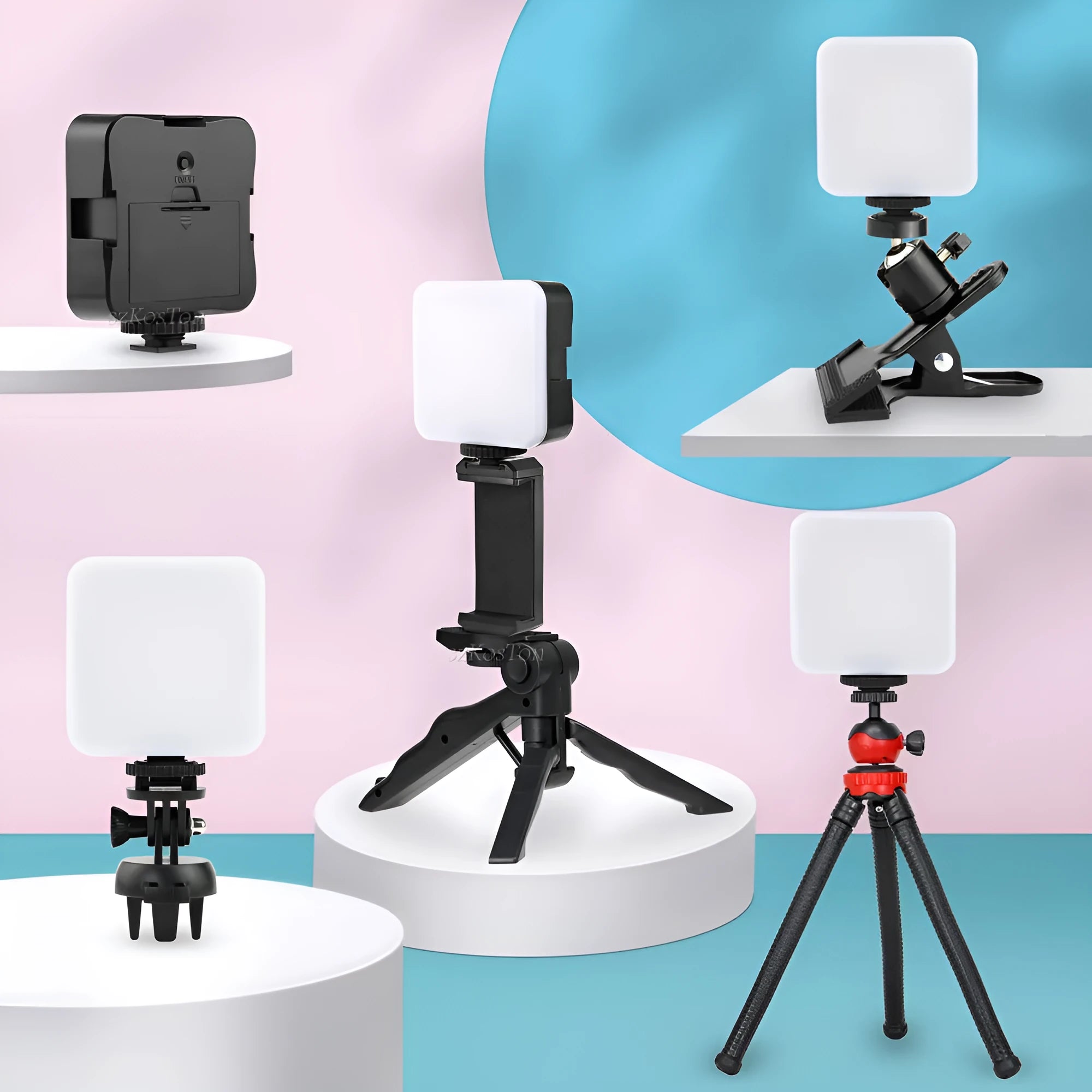 Compact black LED mini square camera flash with hot shoe mount on a small tripod stand.