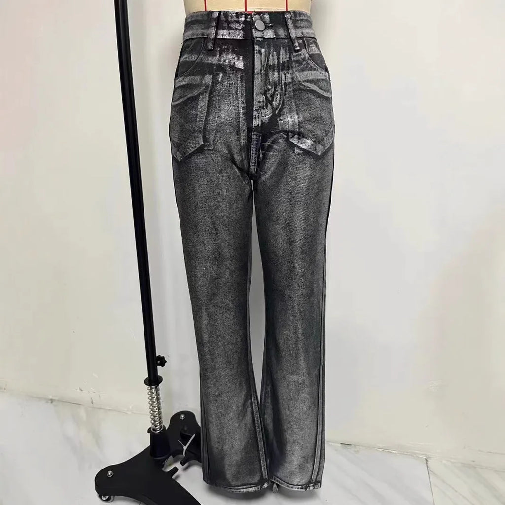 Blue high waist straight leg jeans with silver contrast stitching detail