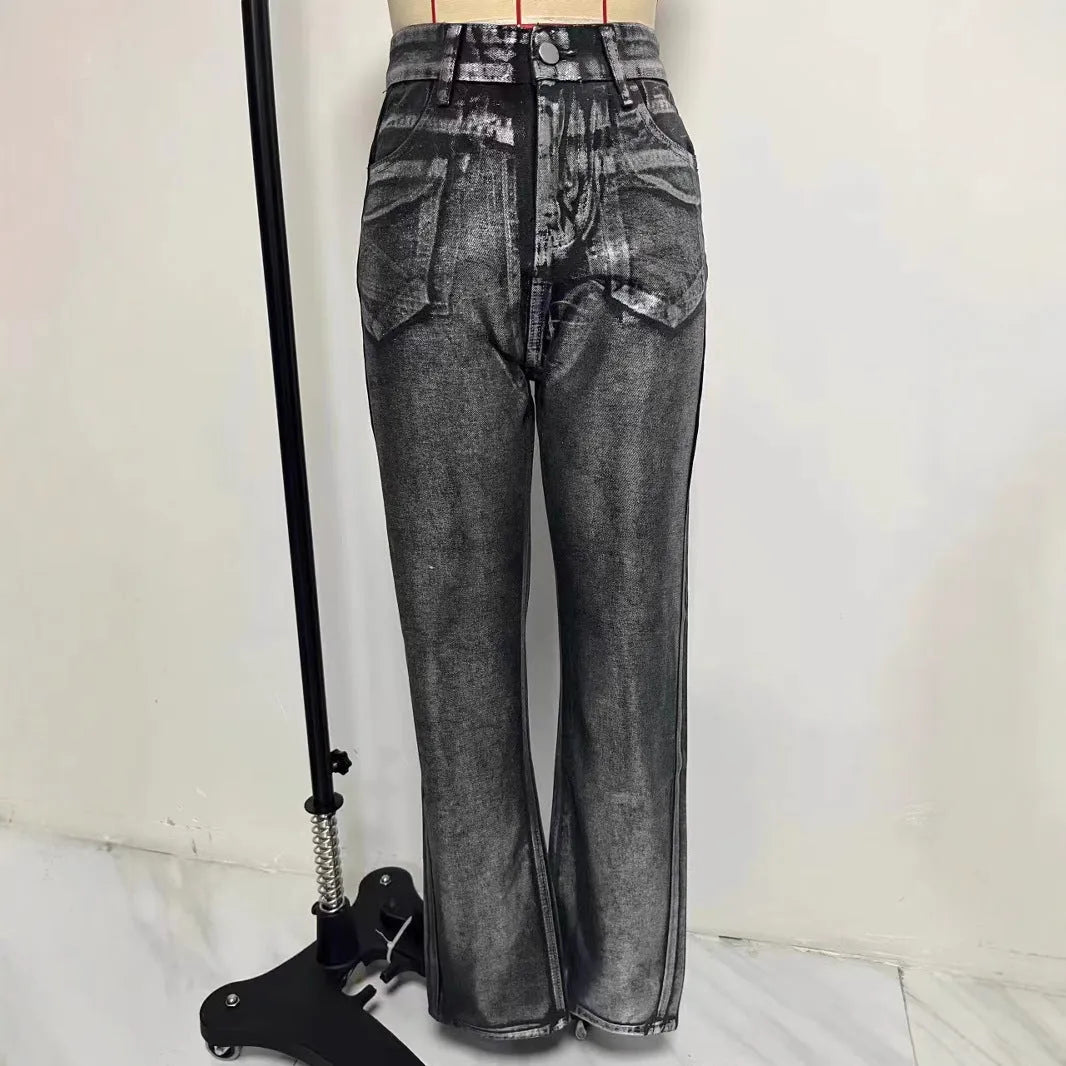 Blue high waist straight leg jeans with silver contrast stitching detail