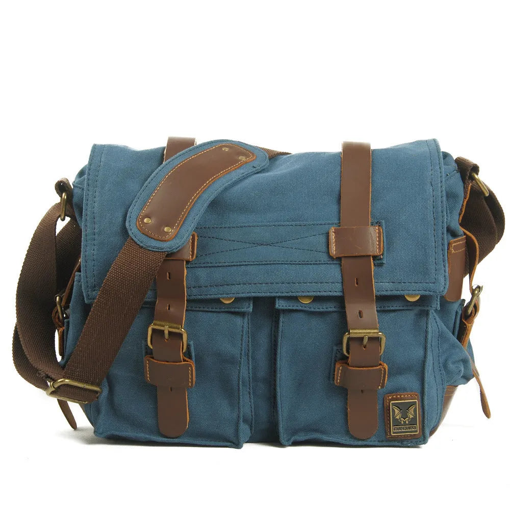 Men's canvas crossbody shoulder bag with postman flap closure in retro European style
