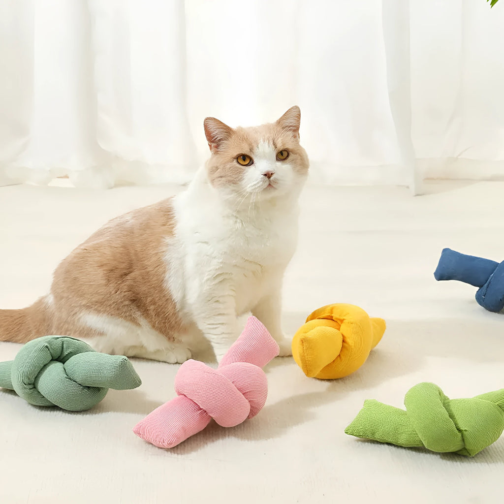 White knotted cotton rope dog toy for chewing and tug of war play.
