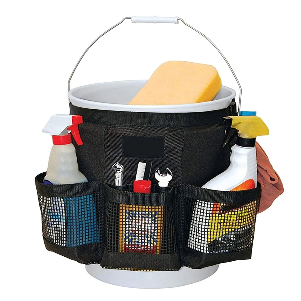 Black cylindrical polyester buggy bag hanging from a 5 gallon barrel for tool storage.