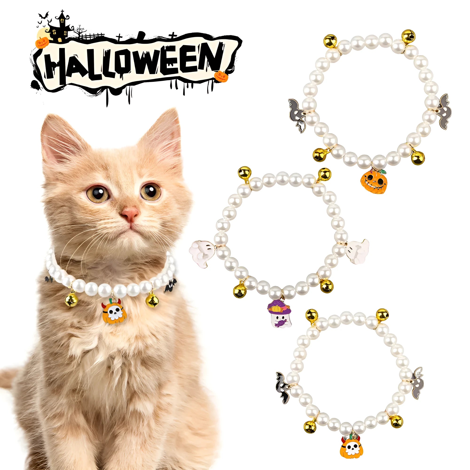 Purple Halloween cat collar with simulated pearl necklace and pumpkin ghost design for pets