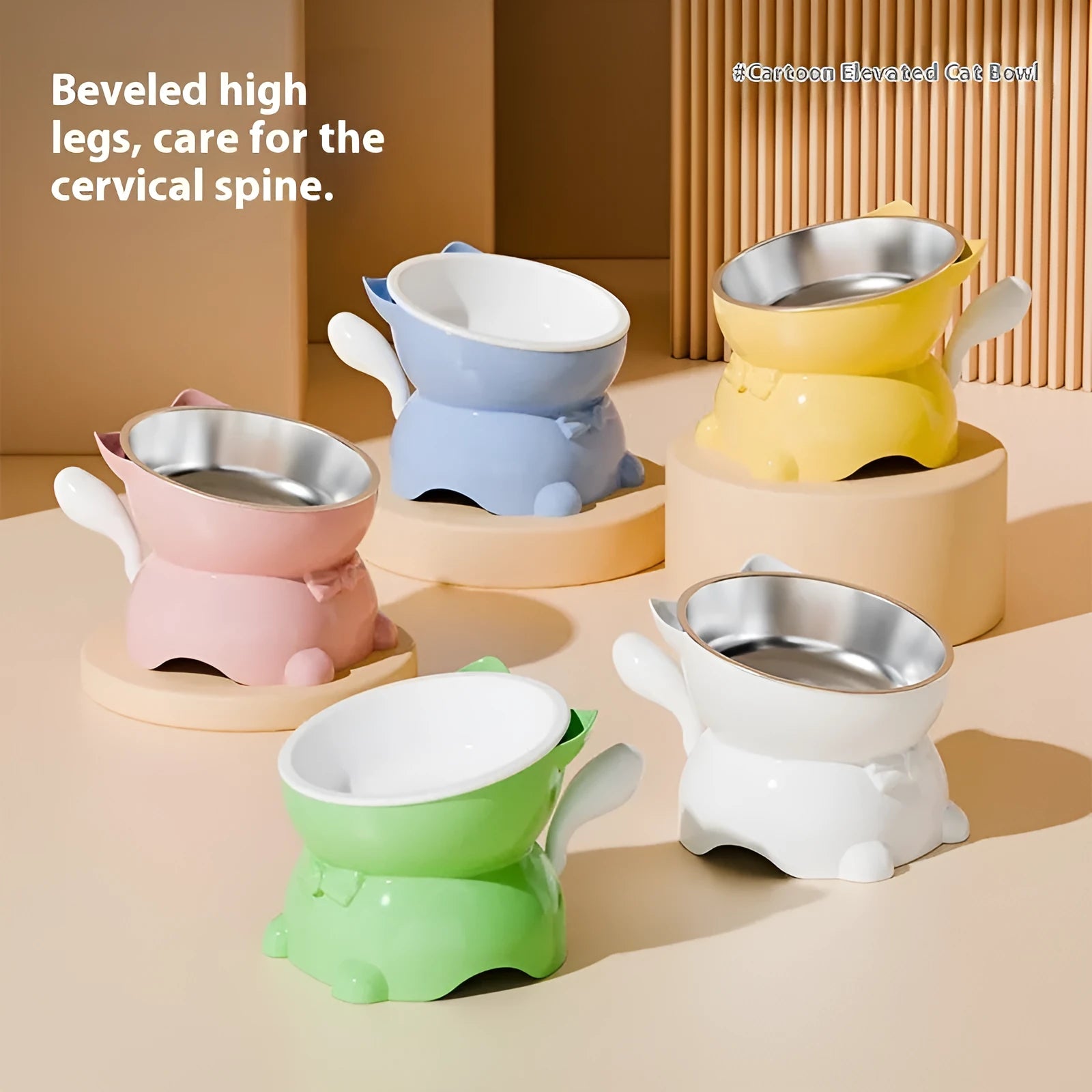 Stainless steel oblique cat bowl with anti-fall design in blue colour.