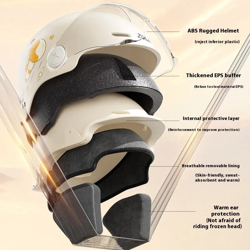 Khaki coloured electric motorcycle half helmet with ABS construction shown with different lens options