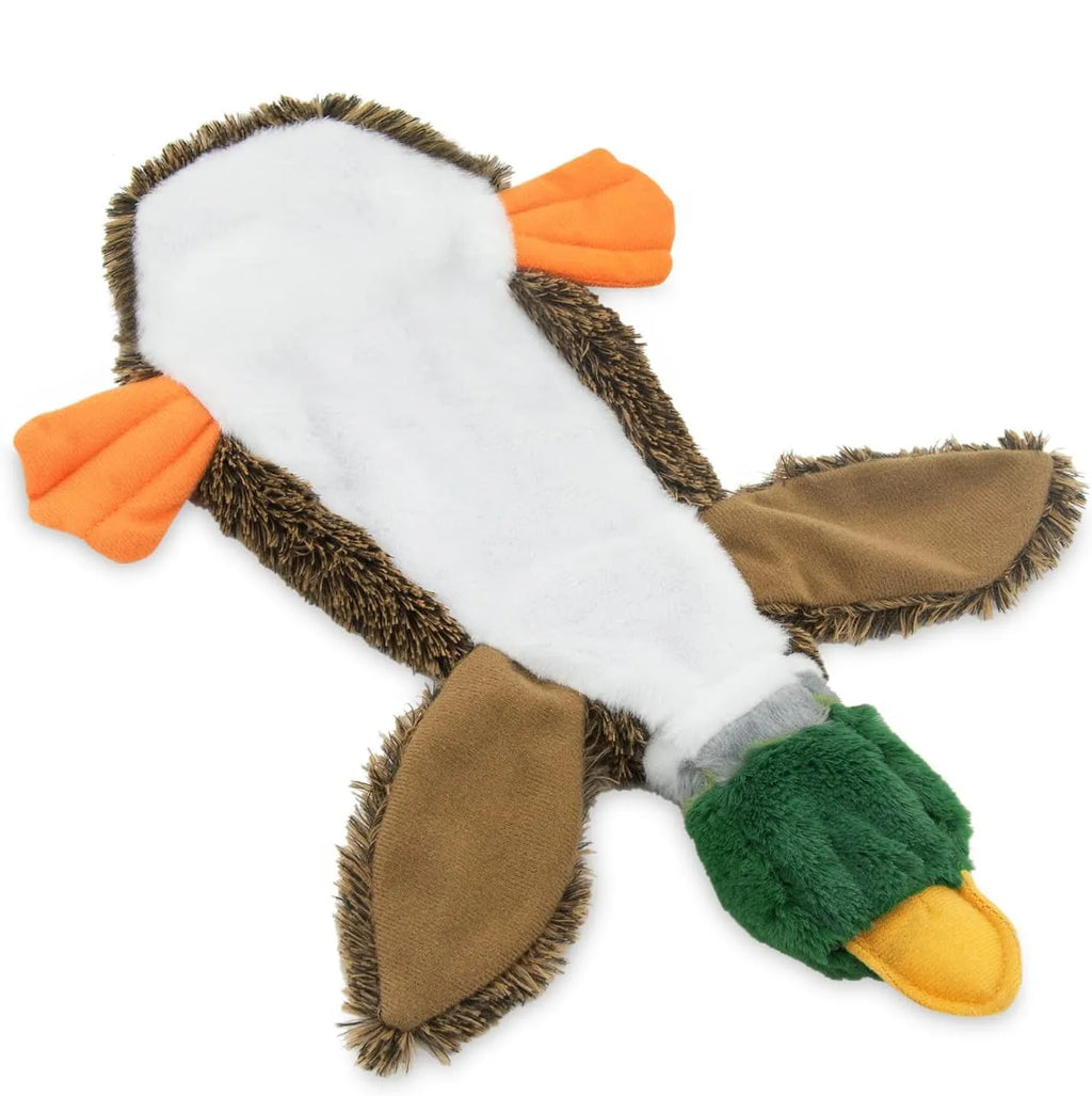 Green Wild Duck stuffless dog toy with squeakers showing bottle insertion cavity at bottom