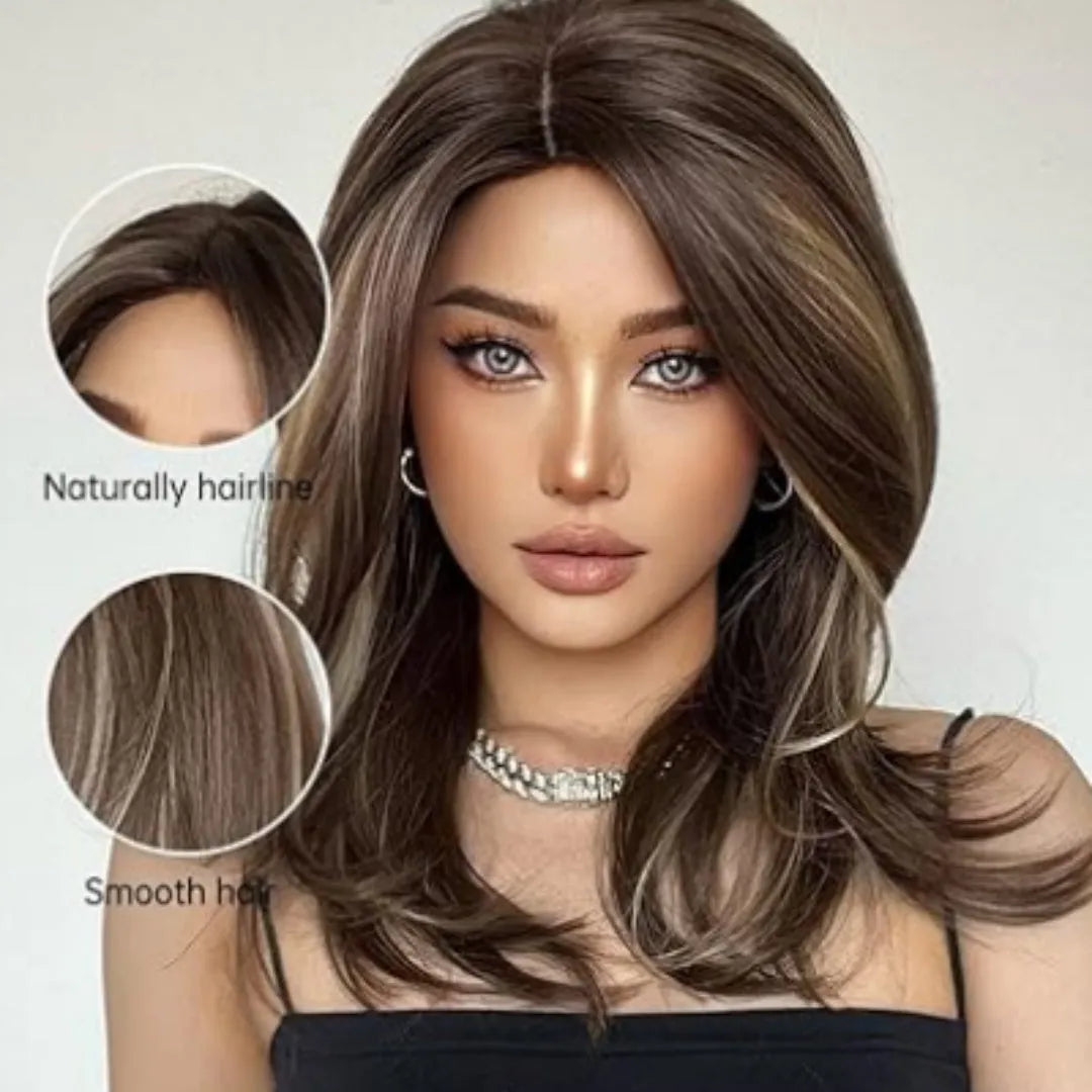 Mid-length curly synthetic wig with platinum gradient colour and long bangs