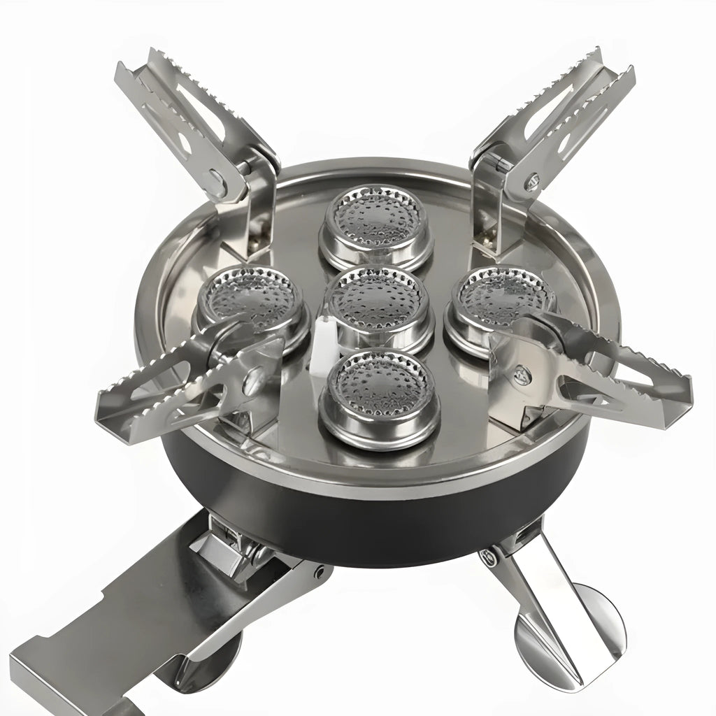 Silver portable split stove with stainless steel and copper construction for outdoor cooking
