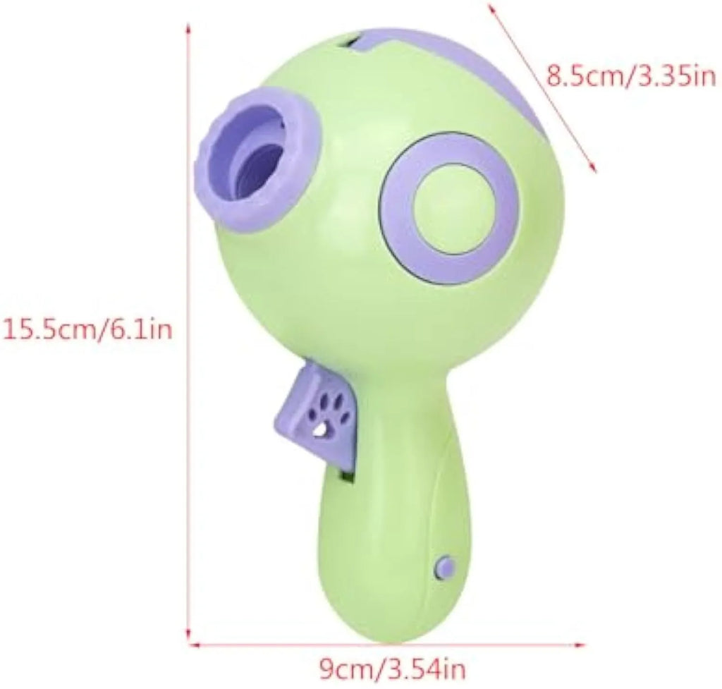 Green, orange or pink plastic dog treat launcher toy measuring 15.5cm with food dispensing and training functions