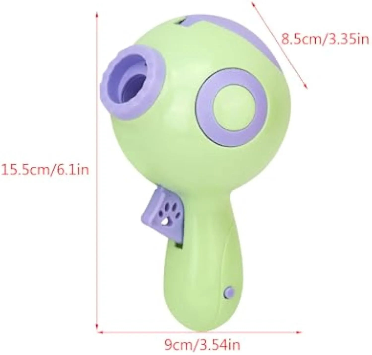 Green, orange or pink plastic dog treat launcher toy measuring 15.5cm with food dispensing and training functions