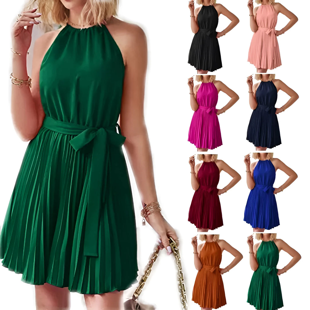Women's black chiffon halter sundress with pleated midi skirt and adjustable waist belt.