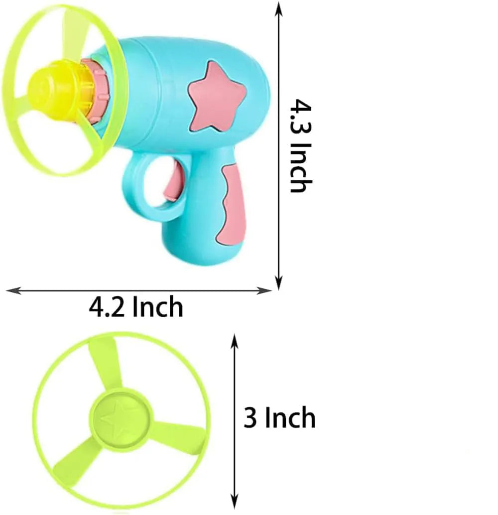 Blue plastic cat toy gun with spinning Frisbee launcher for indoor cat play