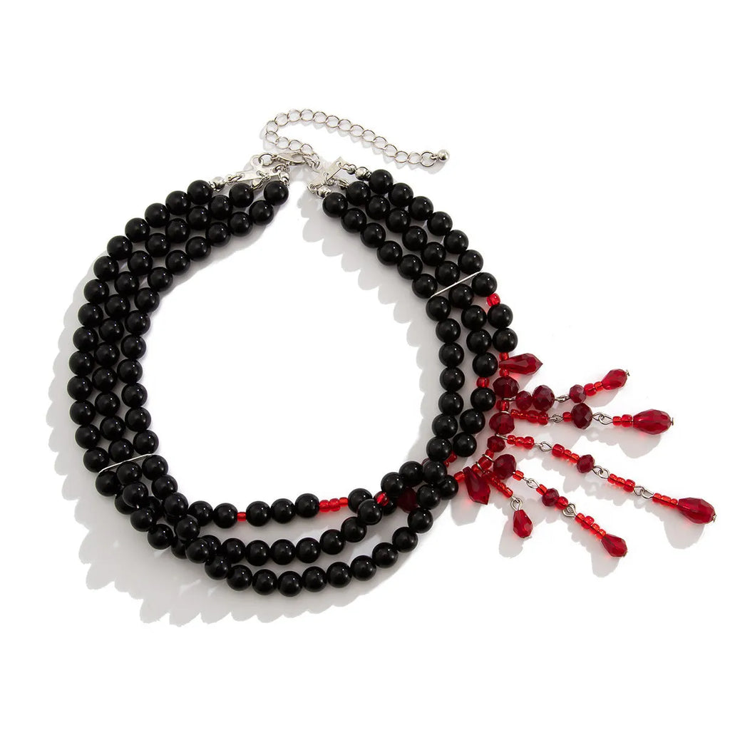 Men's Halloween necklace with blood drop crystal pendant and pearl tassel chain in red and black colours