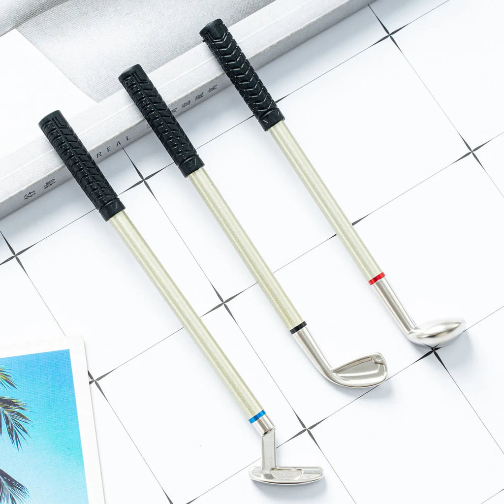 Three metal ballpoint pens with golf suit design showing 0.7mm bullet-type pen heads