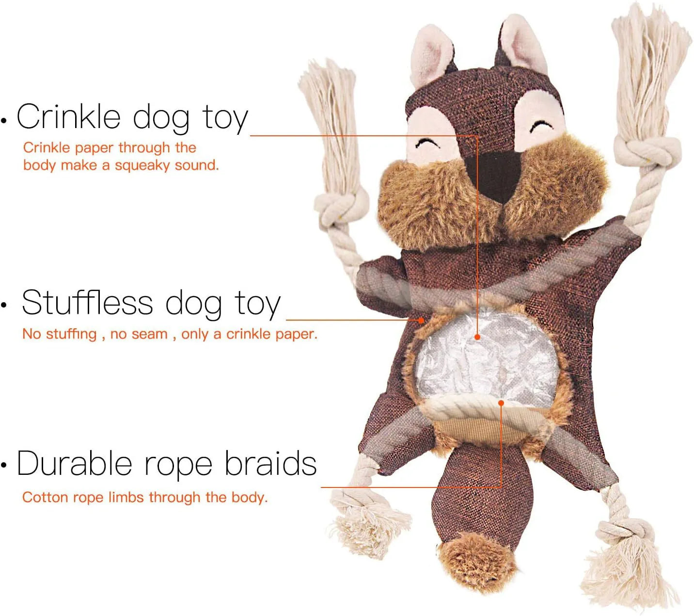 Brown plush fox dog toy with cotton rope limbs, embroidered eyes, and a squeaker.
