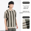 Man wearing striped ice silk short sleeve sweater with zipper decoration in sapphire blue