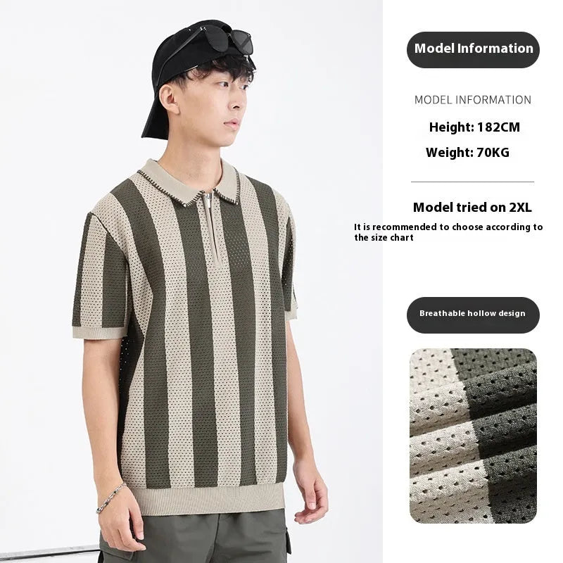 Man wearing striped ice silk short sleeve sweater with zipper decoration in sapphire blue