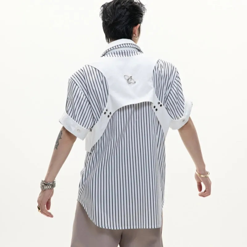 Men's black and white striped short sleeve shirt with double lapel collar design