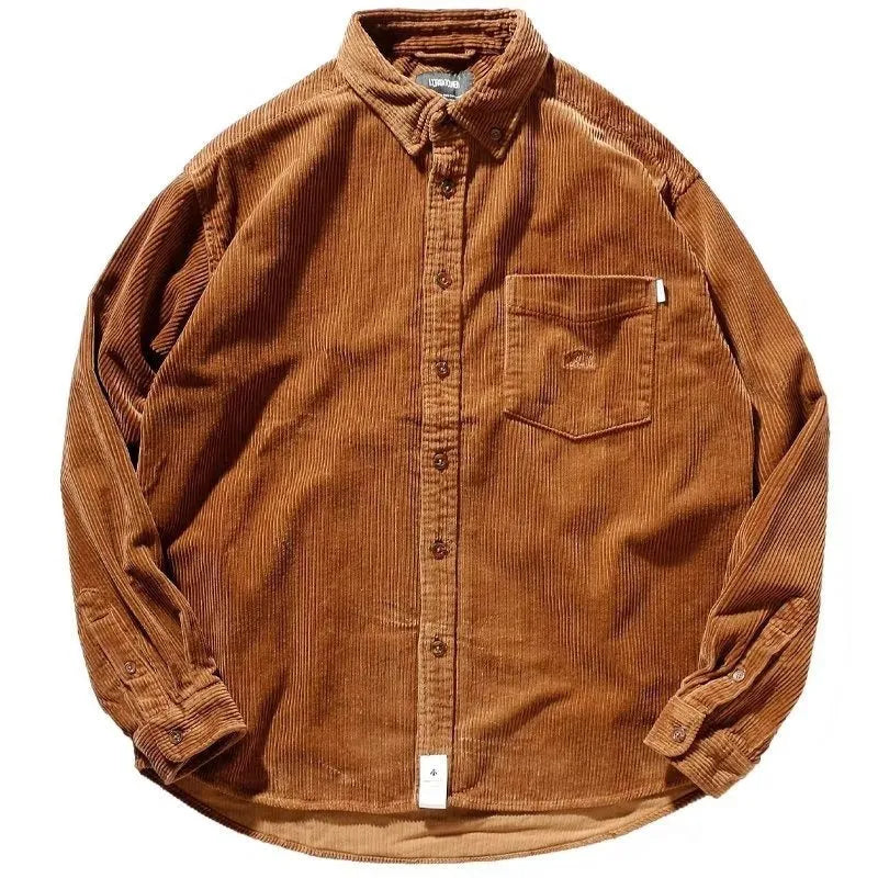 Caramel and grey loose fit corduroy shirt with Japanese Hong Kong style cardigan design for youth leisure wear