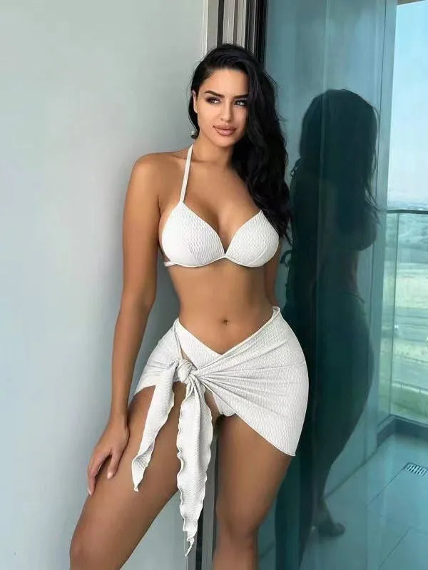 Women's three-piece swimsuit set with skirt in high elasticity polyester fabric
