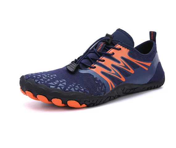 Men's white Upstream lace-up casual sports shoes with a rubber sole on a plain background.