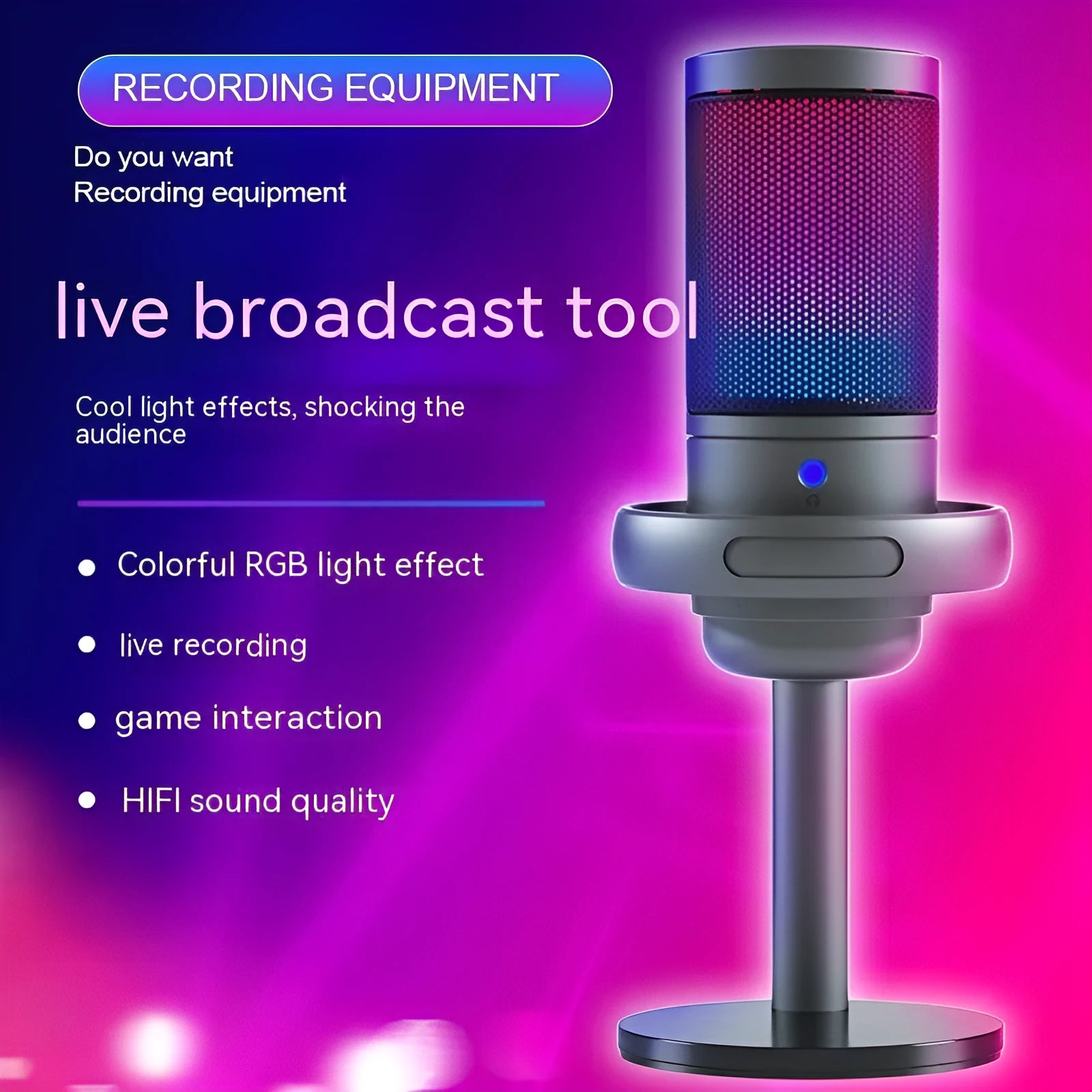 RGB colourful condenser microphone with USB cable for live broadcasting
